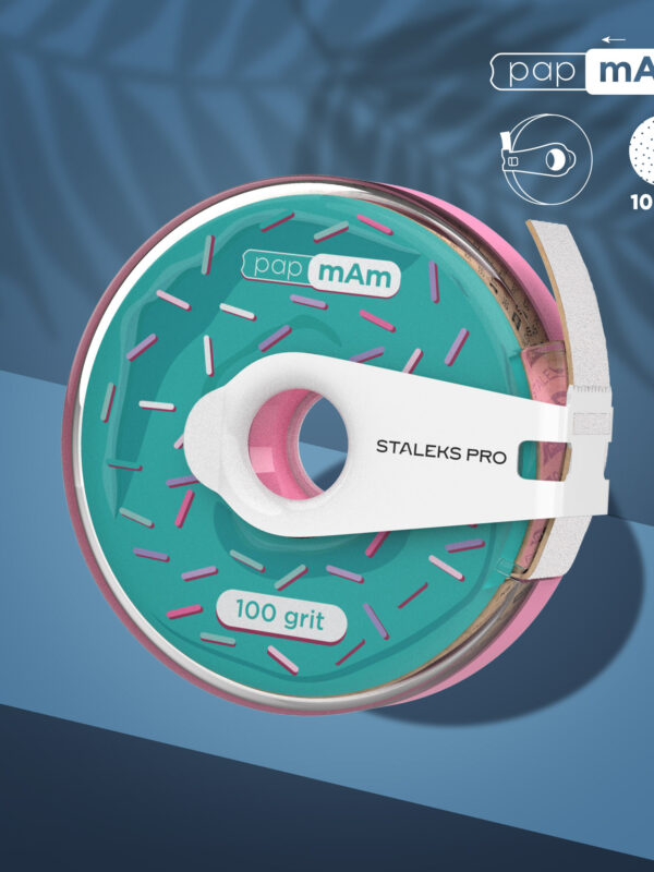 Disposable white abrasive tape papmAm EXPERT 100 grit in a plastic case